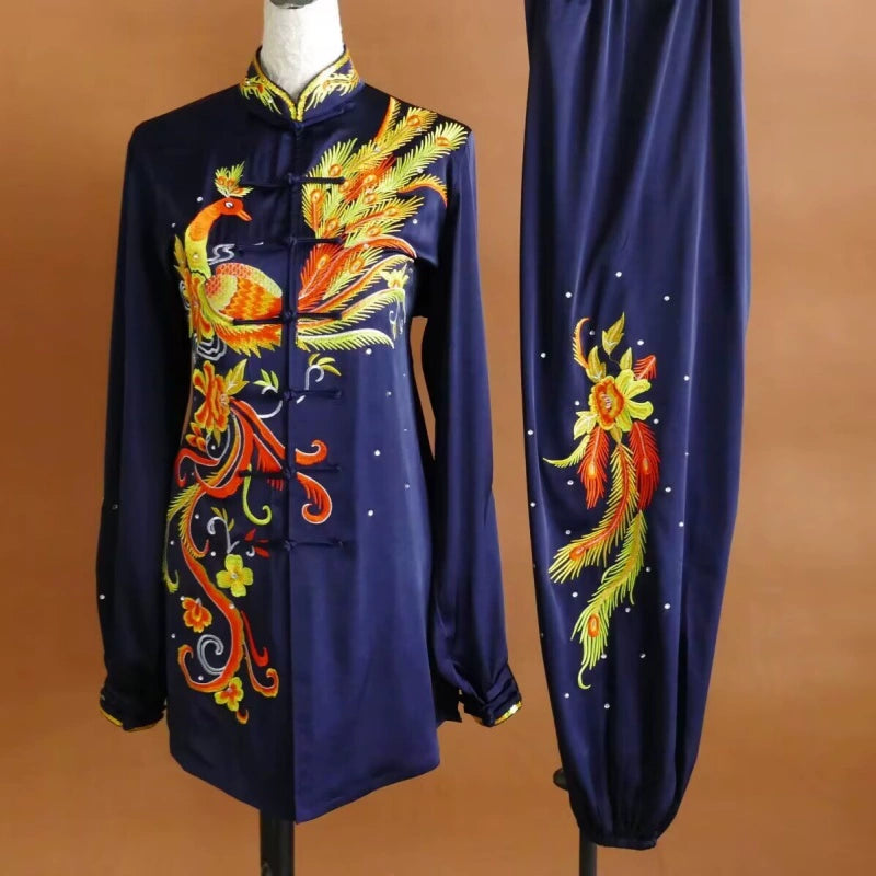 Custom Size Tai Chi Clothing Dark Green Embroidered Phoenix Wushu Martial Arts Kunfu Group Performance Uniforms - Moderndancedress.com