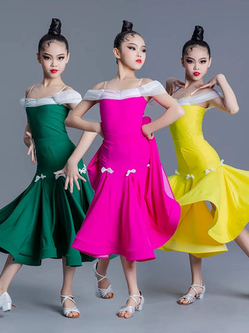 girls colorful ballroom dance dreses pink yellow kids professional standard  dance uniforms social performance dance clothes for kids - Moderndancedress.com