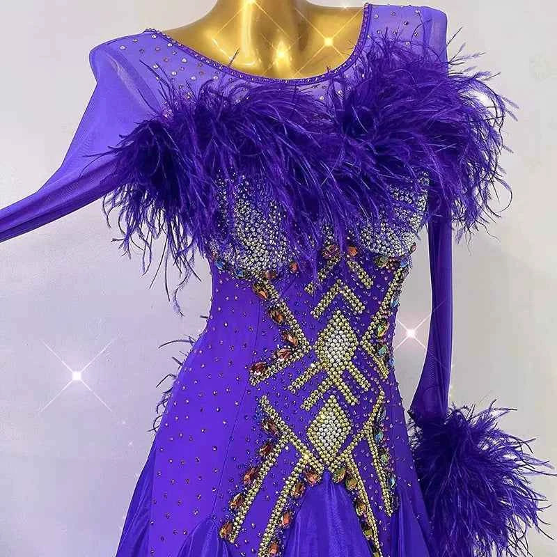 Customized Violet Ballroom Dance Dress Gold Crystal with Ostrich Feather Waltz Tango Competition Gown