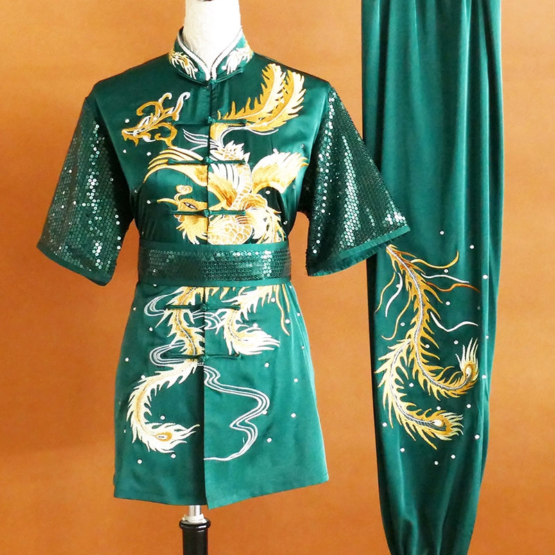 Custom Size Embroidery Gold Phoenix Competition Tai Chi Clothing for Unisex Wushu Changquan Nanquan Performance Uniforms - Moderndancedress.com