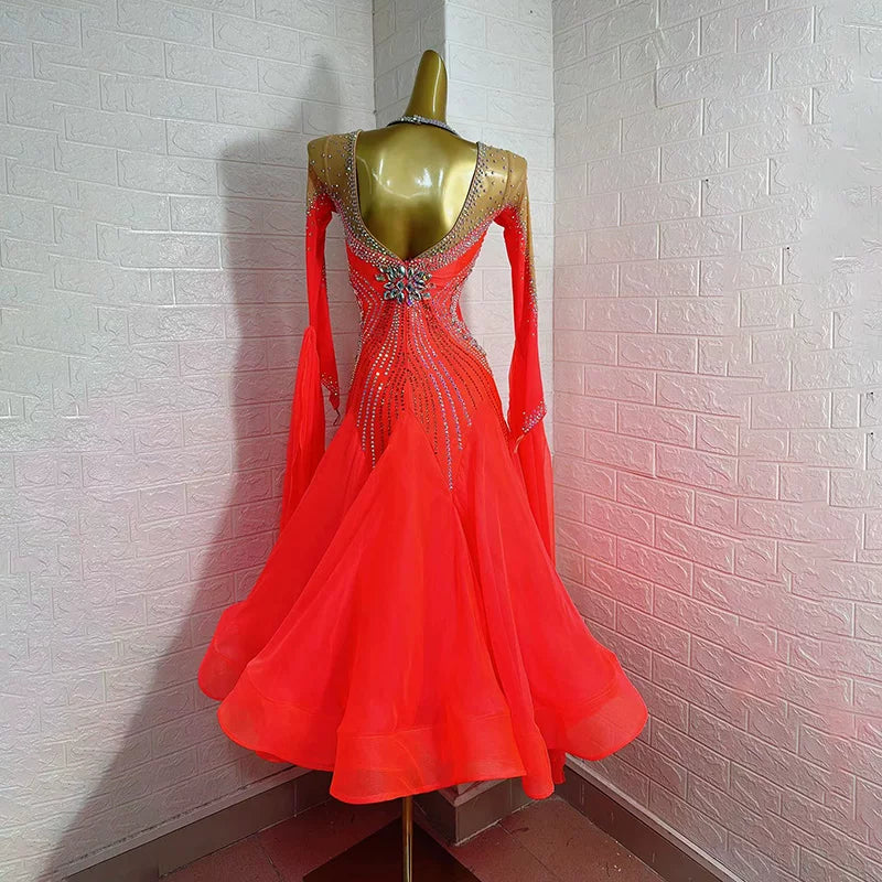 Custom Coral Red Ballroom Dance Dress with Luxury Crystals | Smooth Gown