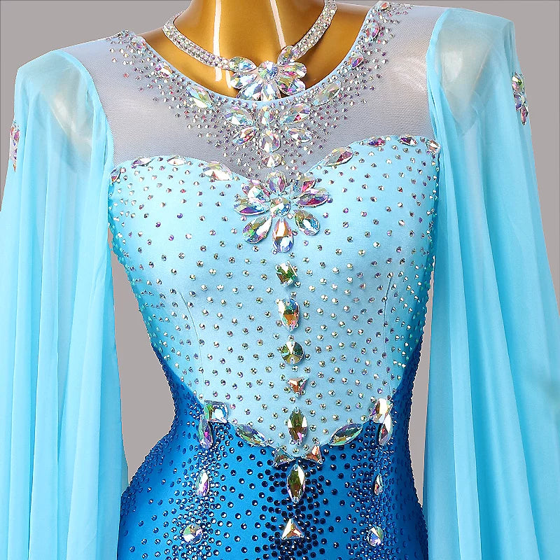 Custom Size Blue Competiiton Ballroom Dance Dress Waltz Tango Dance Long Bling Gown