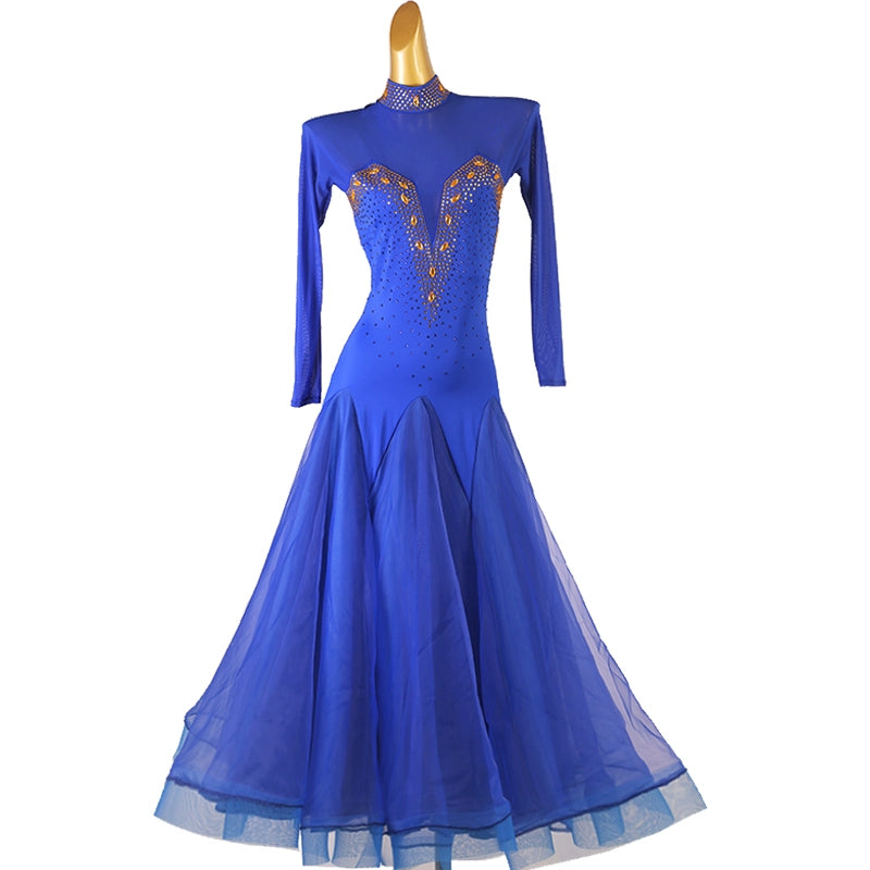 Turtleneck Gold Red Black Rhinestones Competition Ballroom Dance Dress for Women Girls Blue Green Waltz Tango Rhythm Performance Gown