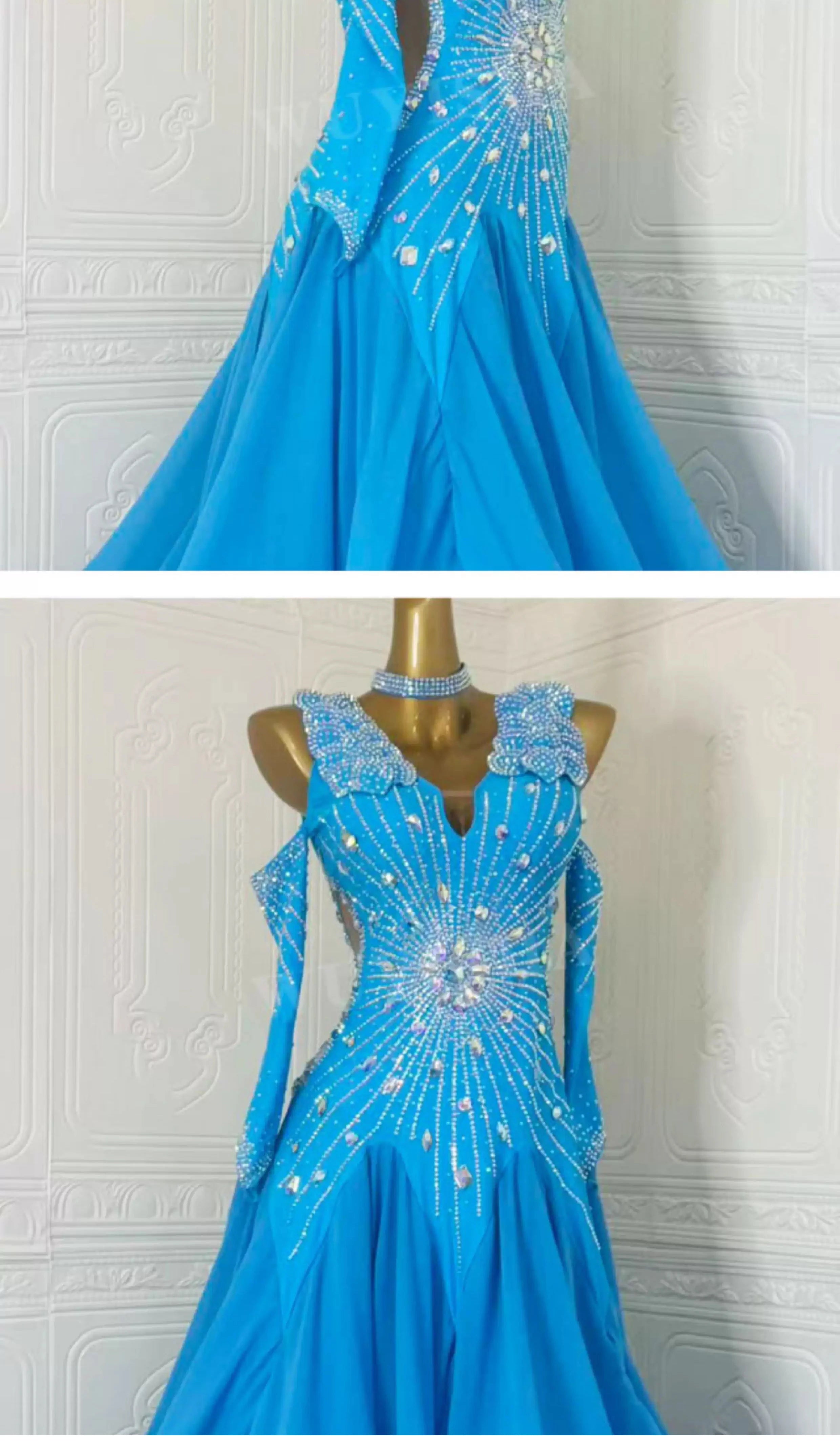 Custom Turquoise Blue Ballroom Dance Dress Luxury Modern Waltz Competition Gown
