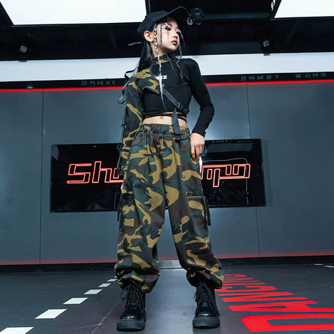 Jazz Dance Street Costume for Girls Camouflage Cargo Pants Gogo Dancers Rapper Singers Party Model Catwalk Outfits for Kids - Moderndancedress.com