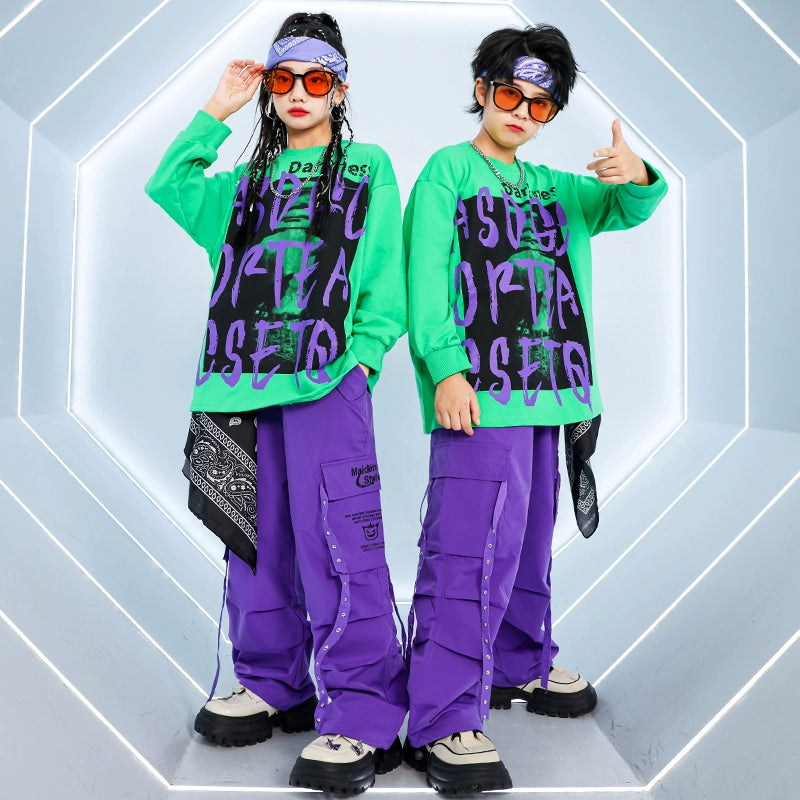 Children's Purple Green Hip-hop Jazz Dance Street Costumes for Girls Boys Rapper Singers Gogo Dancers Dance Clothing Party Model Show Outfits - Moderndancedress.com