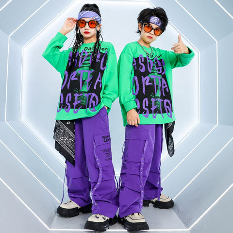 Children's Purple Green Hip-hop Jazz Dance Street Costumes for Girls Boys Rapper Singers Gogo Dancers Dance Clothing Party Model Show Outfits - Moderndancedress.com
