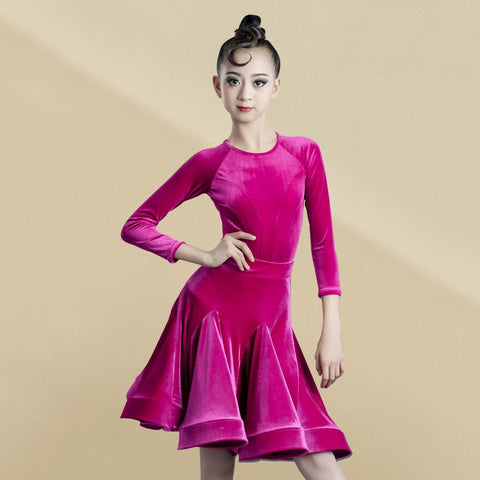 Girls Kids Pink Purple Velvet  Latin Dance Competition Dresses Round Neck Long-sleeved Salsa Chacha Rumba Latin Practice Clothes - Moderndancedress.com