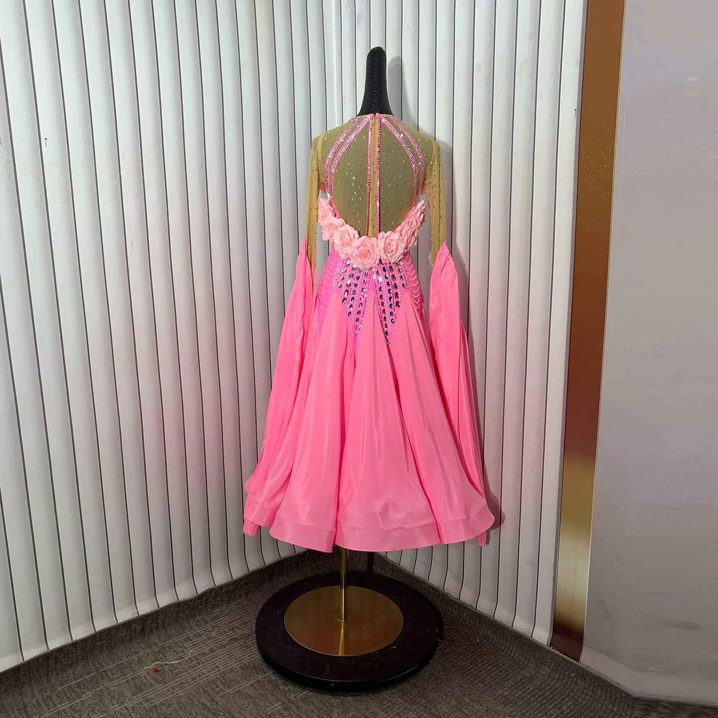 Custom Pink Ballroom Dance Dress with 3D Roses Crystals Fringe Competition Waltz Tango Dancing Gown