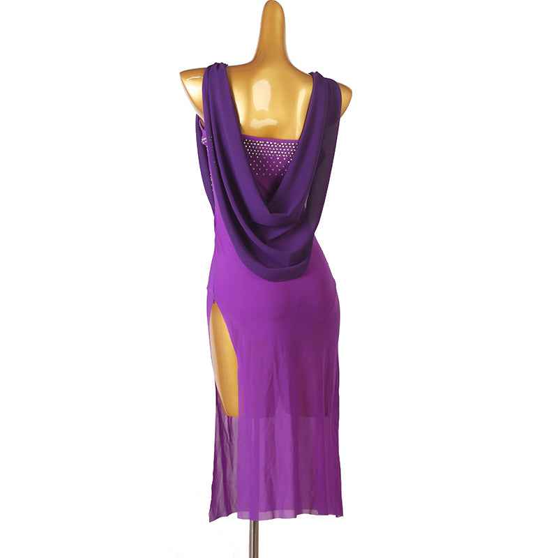 Red Blue White Flowy Latin Dance Dresses for Women Girls Slant Neck Salsa Rumba Chacha Jive Dance Long Skirt - Moderndancedress.com