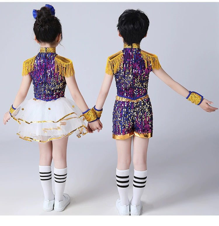 Children's jazz costumes colorful sequins glitter hiphop street dance outfits for Boys girls Kindergarten cheerleading exercises clothes - Moderndancedress.com