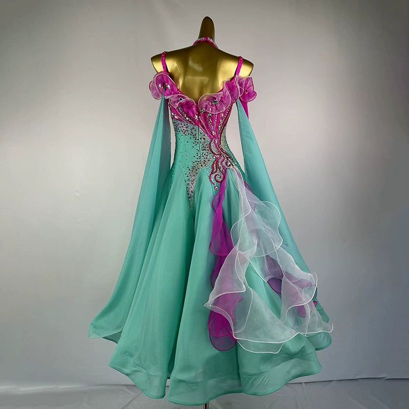 Customized Size Competition Ballroom Dance Dresses for Women Girls Blue Fuchsia Waltz Tango Performance Long Gown
