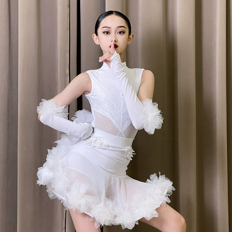 White Black Lace Ruffles Latin Dance Dresses for Girls Kids Salsa Rumba Chach Party Stage Performance Outfits Modern Dance Skrits with Gloves - Moderndancedress.com