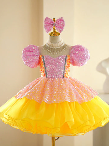 Children's pink yellow sequin jazz dance dress girls tutu ballet dresses singers choir kindergarten pianist model show performance skirts for kids - Moderndancedress.com