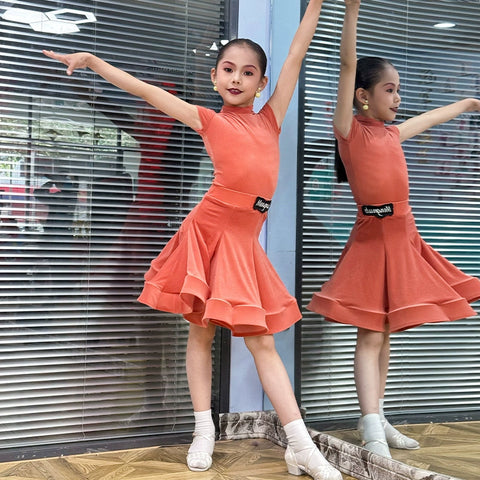 Children girls Latin dance dresses pink purple short-sleeved  ultra-thin velvet test competition ballroom latin salsa performance clothing - Moderndancedress.com