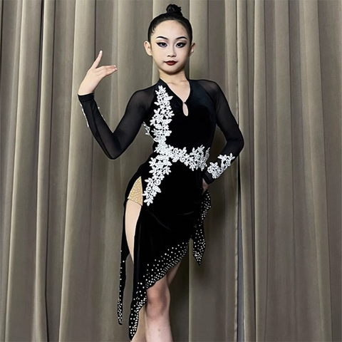 Customize Size black velvet Latin dance dresses for women girls competition salsa rumba chacha solo dance side slit bling dresses - Moderndancedress.com