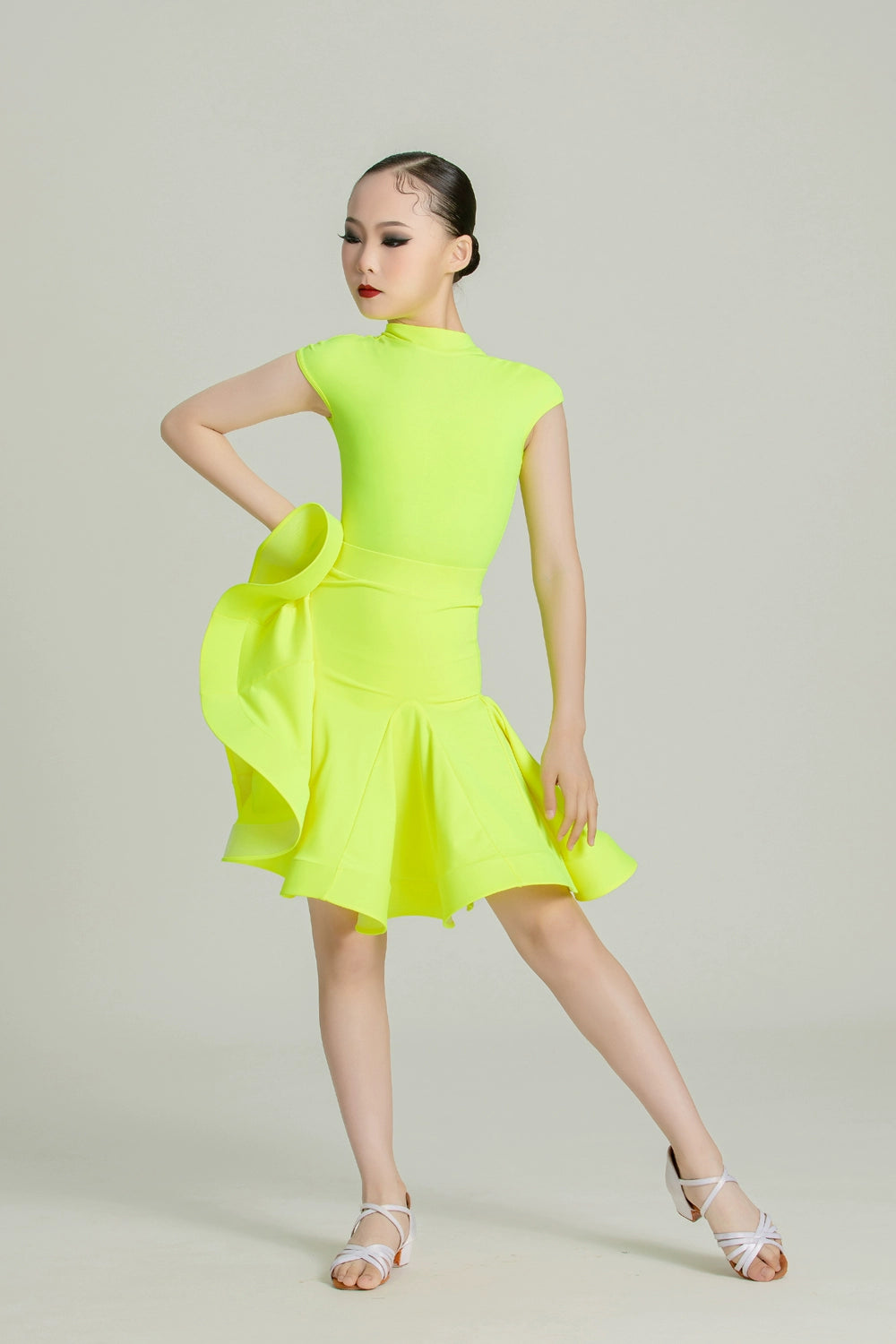 Blackpool Latin dance competition dresses for girls kids aqua yellow green salsa ballroom standard performance outfits for children - Moderndancedress.com