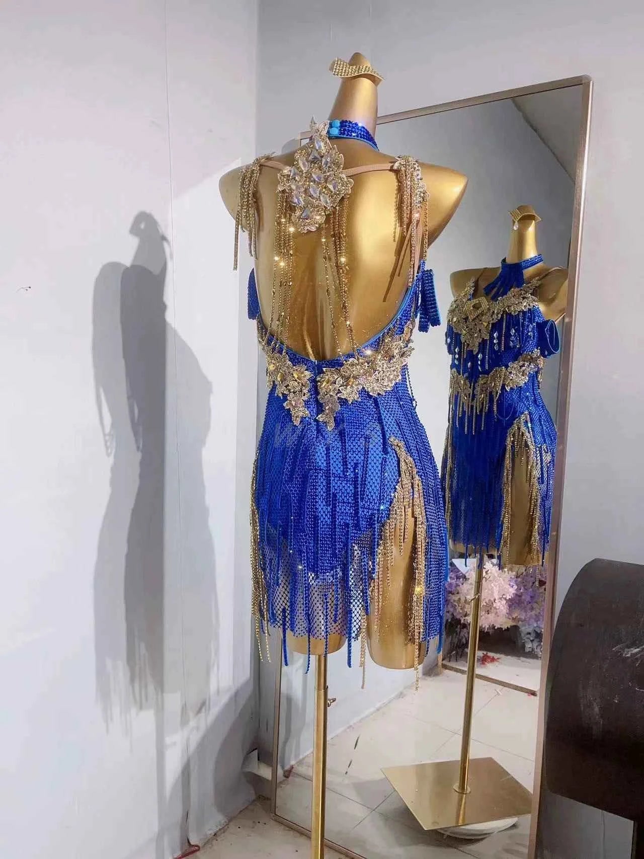 Custom Size Competition Latin Dance Dresses Royal Blue Bing Mesh Fringe for Women Girls Blackpool Salsa Chacha Dancing Outfits