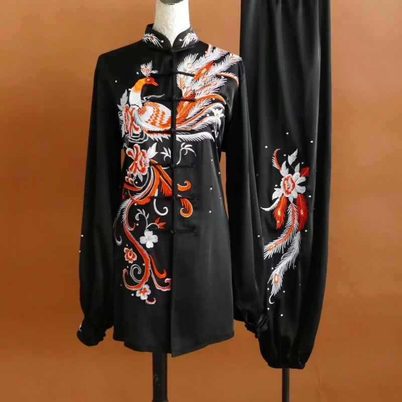 Custom Size Tai Chi Clothing Dark Green Embroidered Phoenix Wushu Martial Arts Kunfu Group Performance Uniforms - Moderndancedress.com