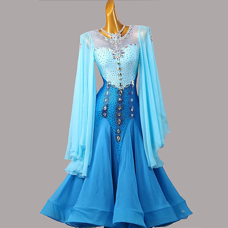 Custom Size Blue Competiiton Ballroom Dance Dress Waltz Tango Dance Long Bling Gown