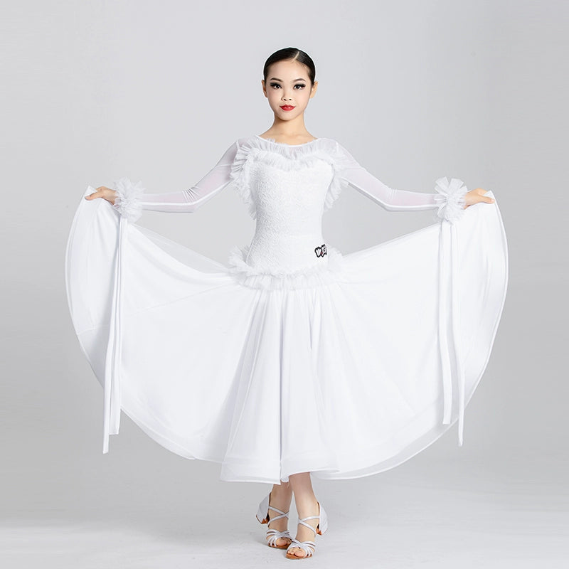 White Lace Long Sleeves Ballroom Dance Dresses for Girls Kids Children's Waltz Tango Art Test Competition Performance Costumes Moderndancedress.com White Lace Long Sleeves Ballroom Dance Dresses for Girls Kids Children's Waltz Tango Art Test Competition Performance Costumes Moderndancedress.com