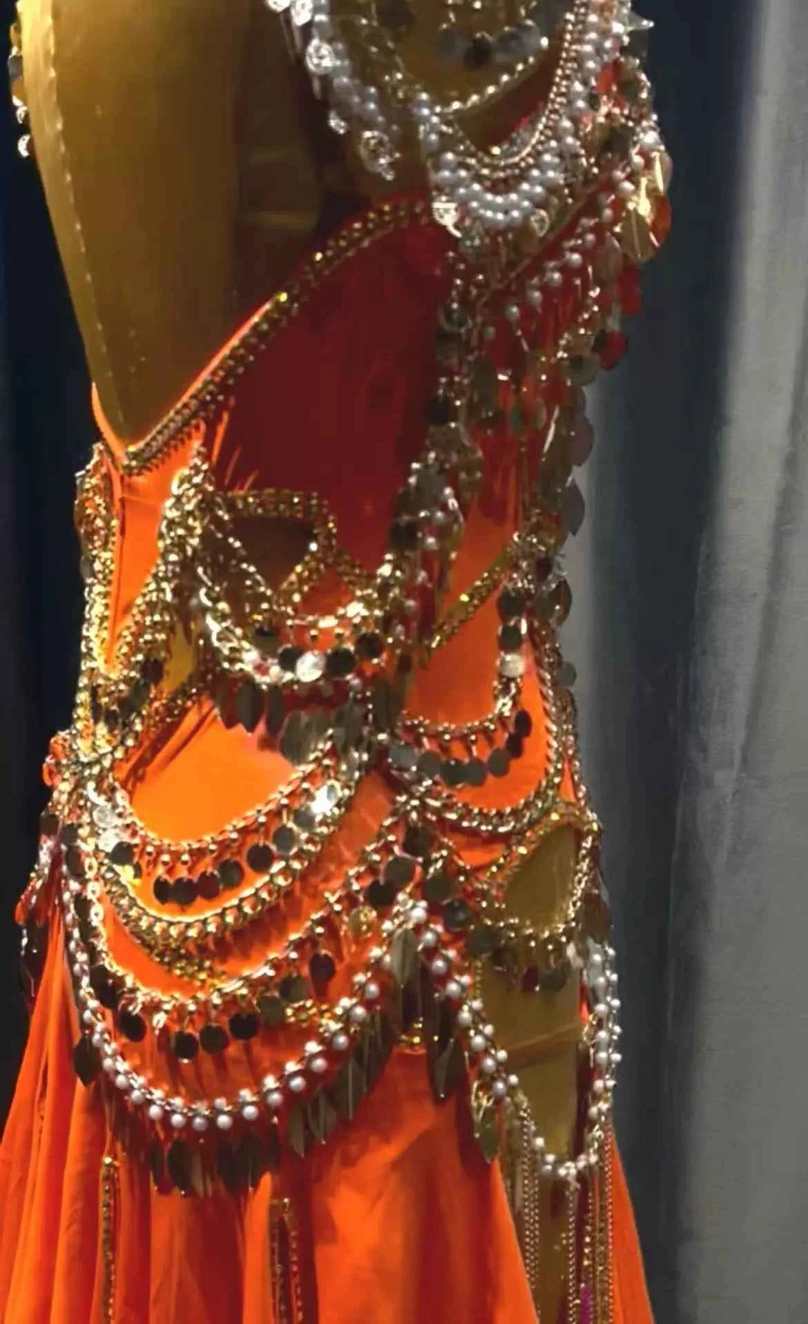 Custom Orange Gold Crystal Sparkling Latin Competition Dress Blackpool Salsa Dancewear