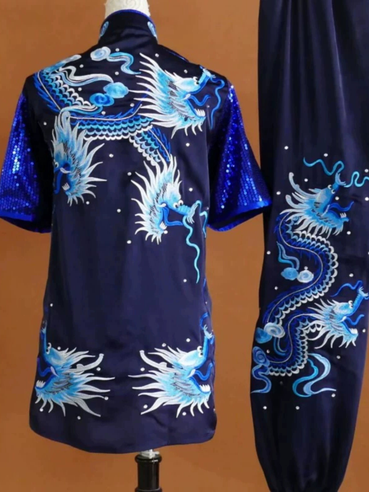 Customized size dragon Wushu martial art competition uniforms tai chi kungfu clothing for adult Children Changquan Nanquan Group Performance Suit - Moderndancedress.com