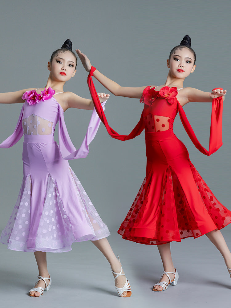 Red polka purple flowers ballroom Latin dance dresses for girls kids flowers waltz tango national professional competition gown for children - Moderndancedress.com