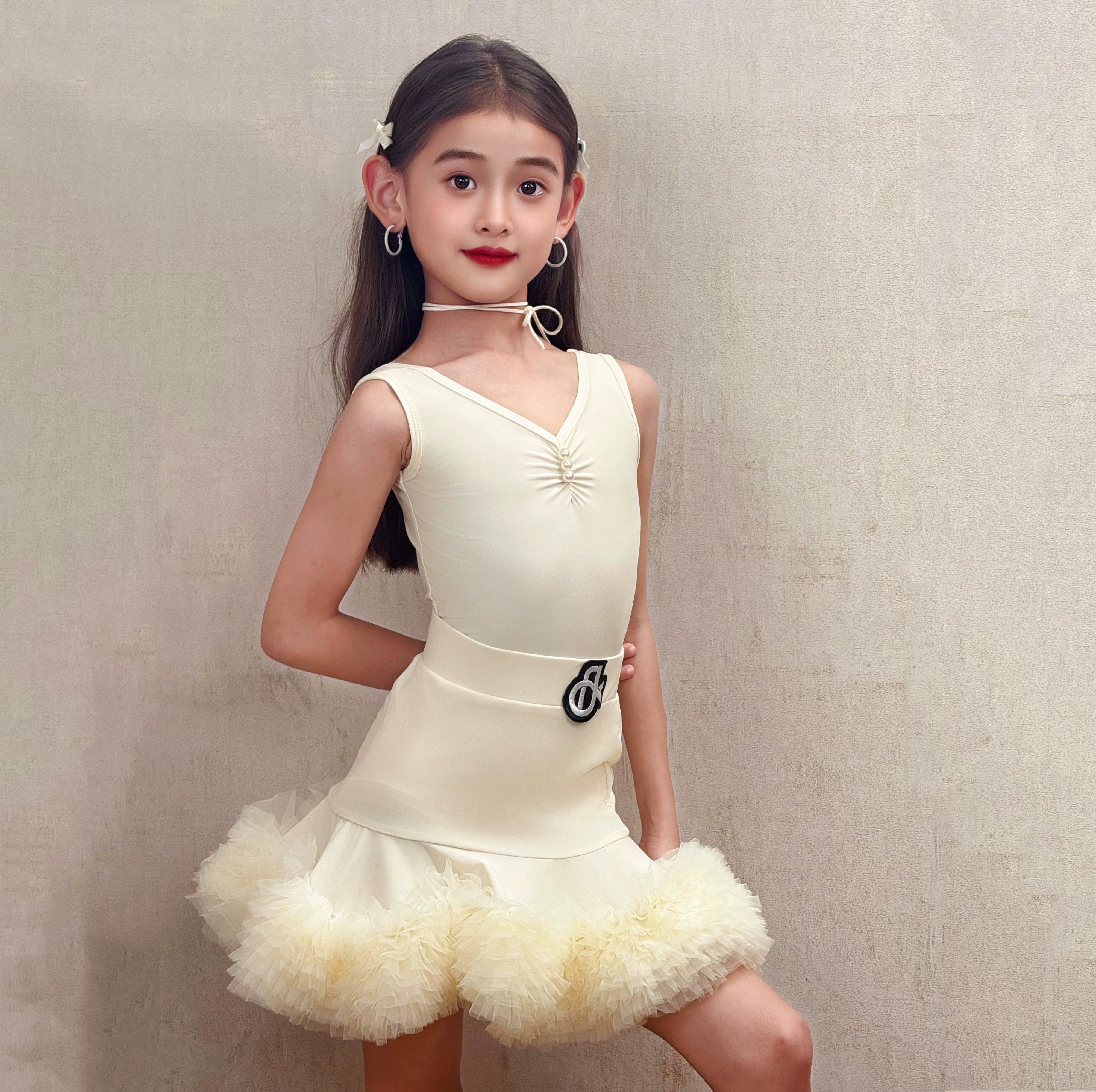 Yellow Girls Latin Dance Dresses Kids White Purple Ruffless Salsa Rumba Chacha Dance Costumes - Moderndancedress.com