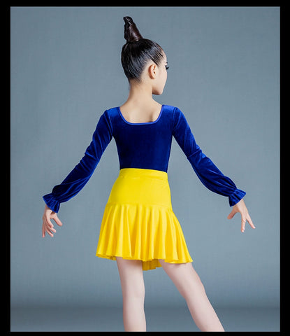Girls Blue Yellow Velvet Latin Dance Dresses Kids Children Pink Salsa Chacha Rumba Practice Clothes Modern Dance Outfits - Moderndancedress.com