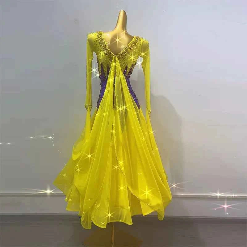 Customized Gold with Violet Ballroom Dance Dress for Women Crystal Bling Waltz Tango Foxtrot Dance Gown