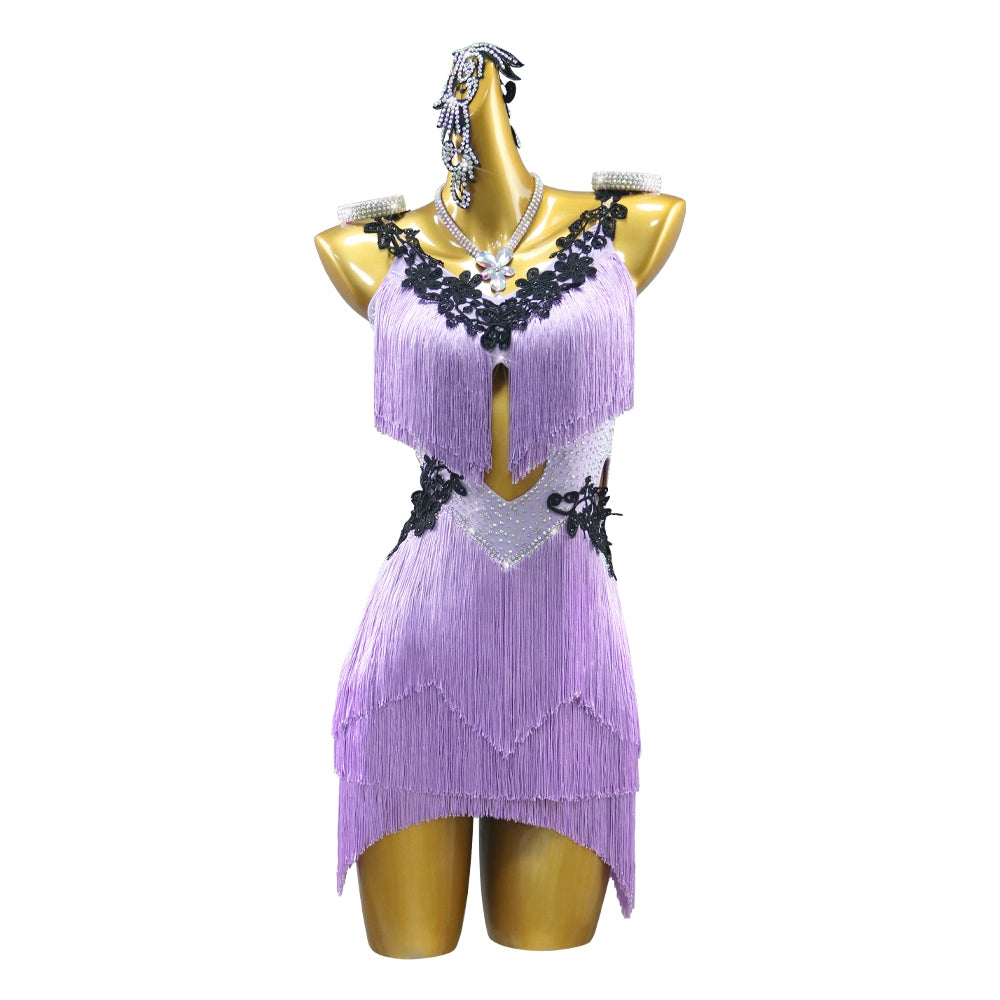Purple Lavender Latin Dance  Dress for Women Girls Kids Tassel Competition Performance Salsa Rumba Chacha Solo Dance Costume - Moderndancedress.com