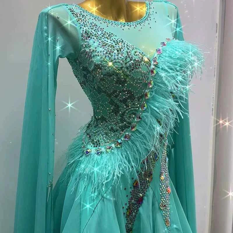 Customized Size Turquoise Competition Ballroom Dance Dresses for Women Girls Waltz Tango Foxtort Rhythm Dance Long Gown