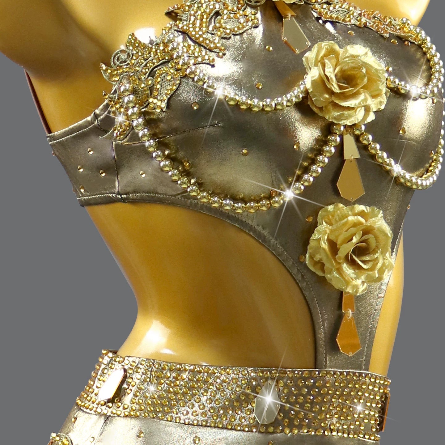 Custom Size Gold Latin Dance Dress Flower Suit Competition Performance Suit Bronzing Tassel