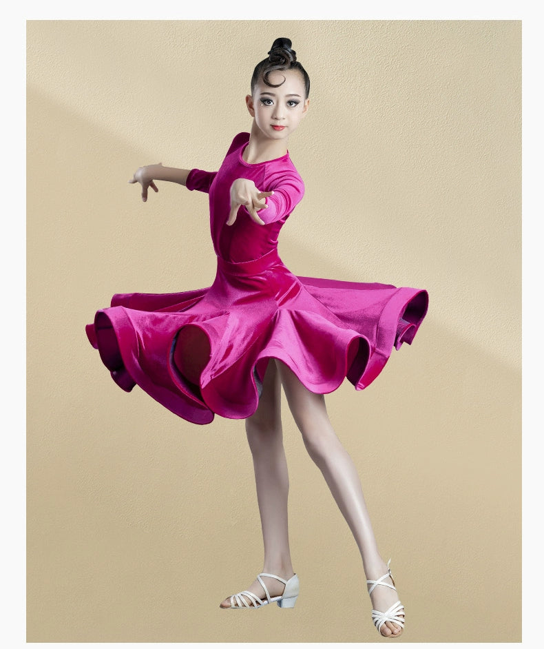 Girls Kids Pink Purple Velvet  Latin Dance Competition Dresses Round Neck Long-sleeved Salsa Chacha Rumba Latin Practice Clothes - Moderndancedress.com