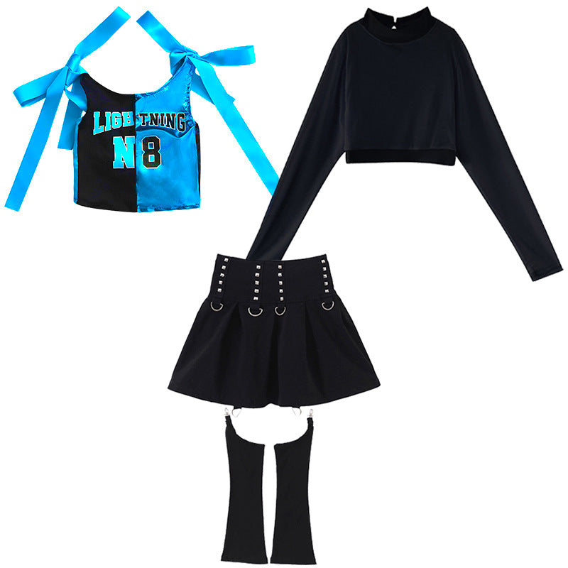 Girls' Blue Shiny Jazz Dance Costume Hip Hop Street Dance Outfits for Kids Rapper Singer Gogo Dancers Model Catwalk Suit - Moderndancedress.com