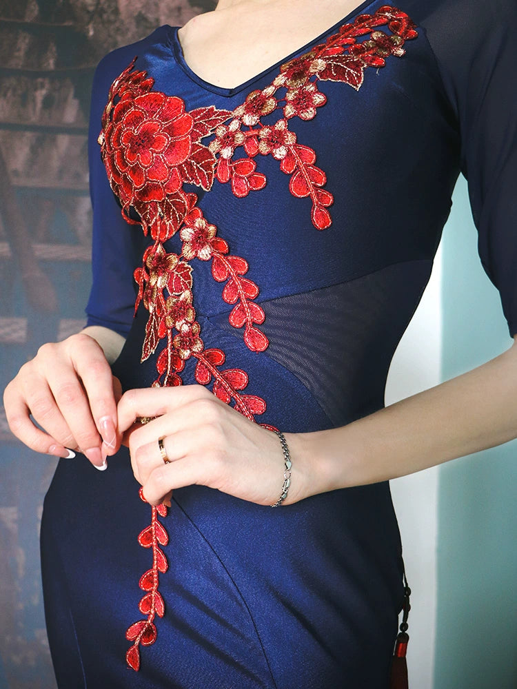 Navy ballroom dance dresses for women girls red embroidery flowers modern waltz tango side slit dance swing skirts for female - Moderndancedress.com