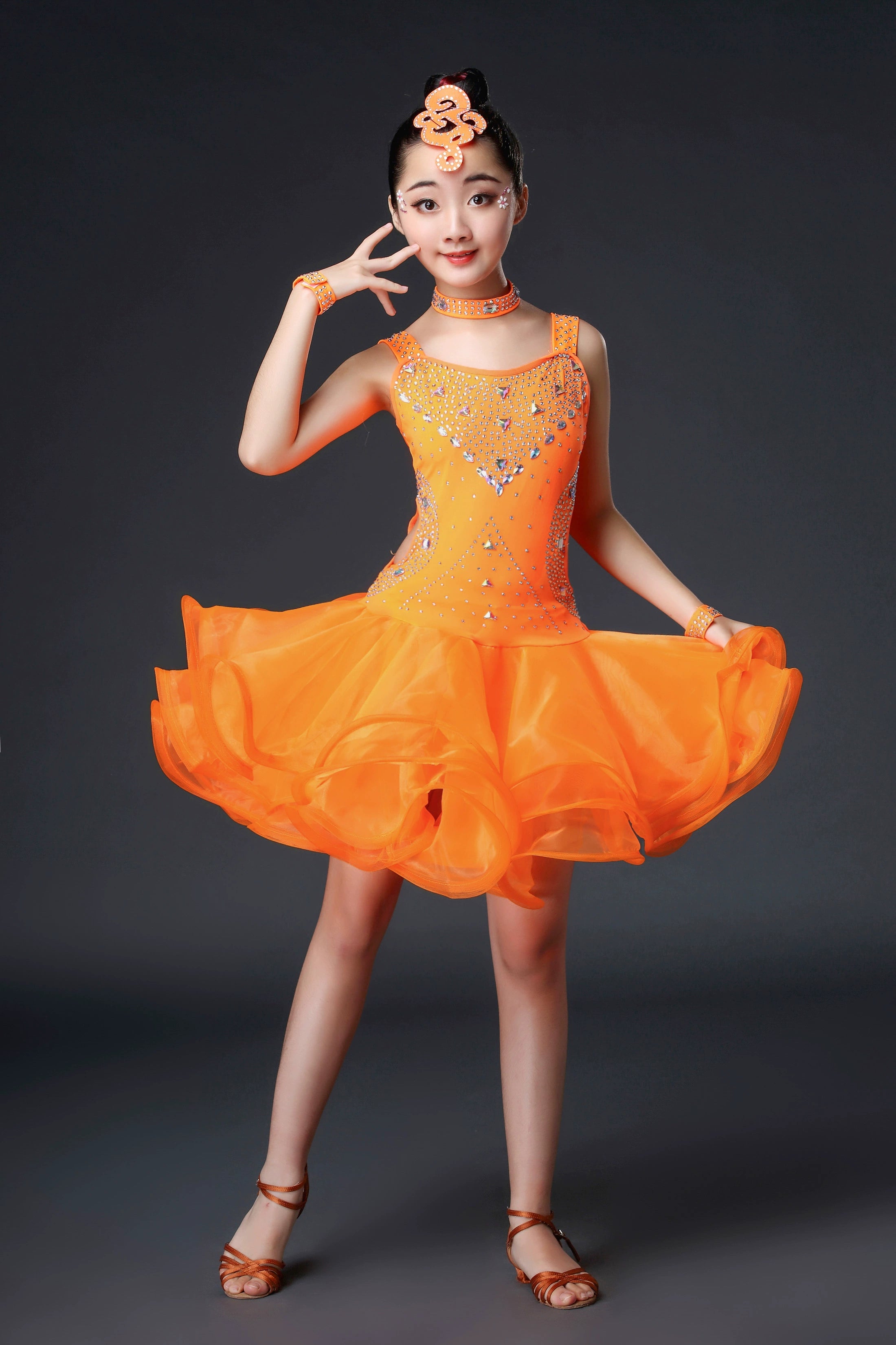 Competition Latin Dance Dresses for Kids Girls Orange White Red Neon Green Rhinestones Competition Grade Salsa Chacha Party Performance Outfits for Kids - Moderndancedress.com