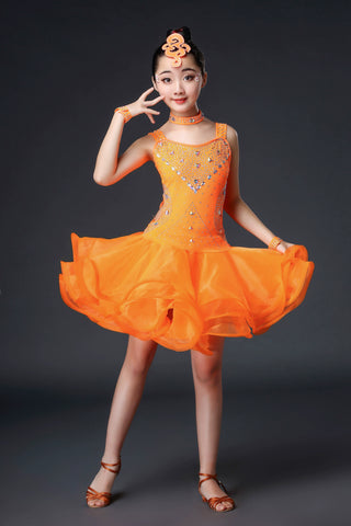 Competition Latin Dance Dresses for Kids Girls Orange White Red Neon Green Rhinestones Competition Grade Salsa Chacha Party Performance Outfits for Kids - Moderndancedress.com