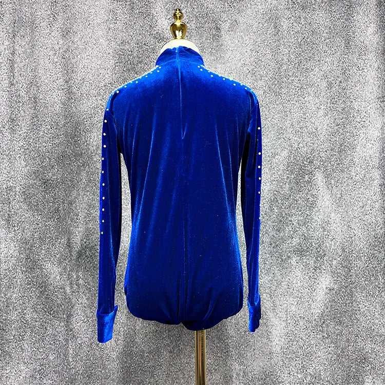 Children Boys Royal Blue Velvet Latin Dance Shirts Kids Rhinestones Turtle Neck Ballroom Latin Dance Competition Leotard Tops - Moderndancedress.com