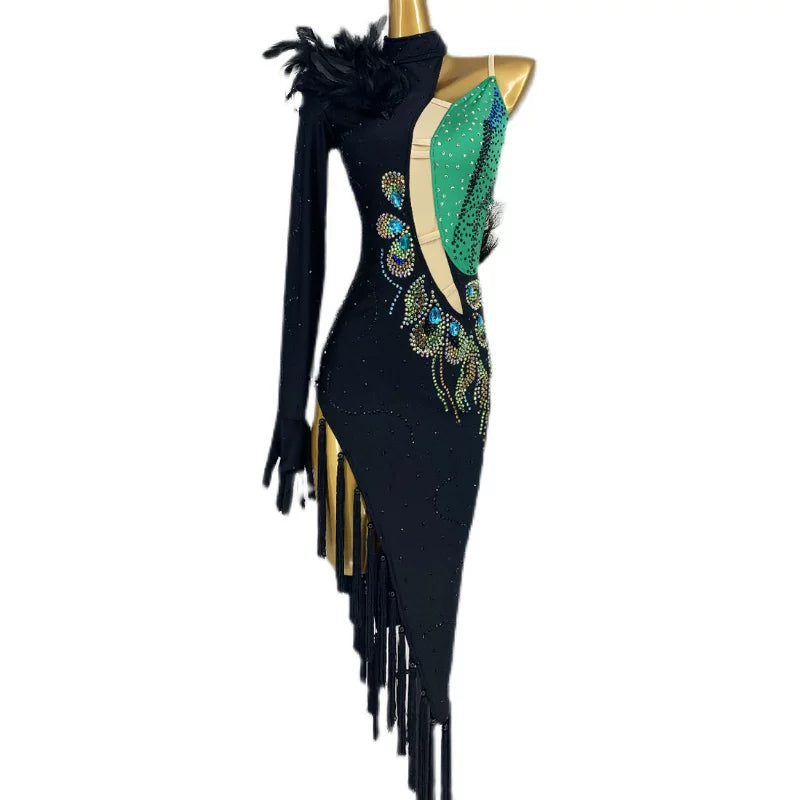 Custom Size Emerald Peacock Latin Dance Dress - Rhinestone Fringe Competition Costume