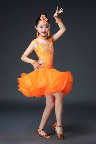 Competition Latin Dance Dresses for Kids Girls Orange White Red Neon Green Rhinestones Competition Grade Salsa Chacha Party Performance Outfits for Kids - Moderndancedress.com