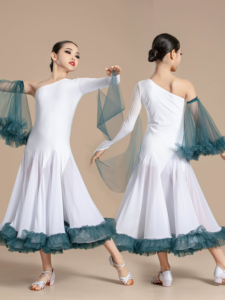 White with Blue Slant Neck Ballroom Dance Dresses for Girls Kids Competition Ballroom Tango Waltz with Float Art Test Training Uniforms - Moderndancedress.com