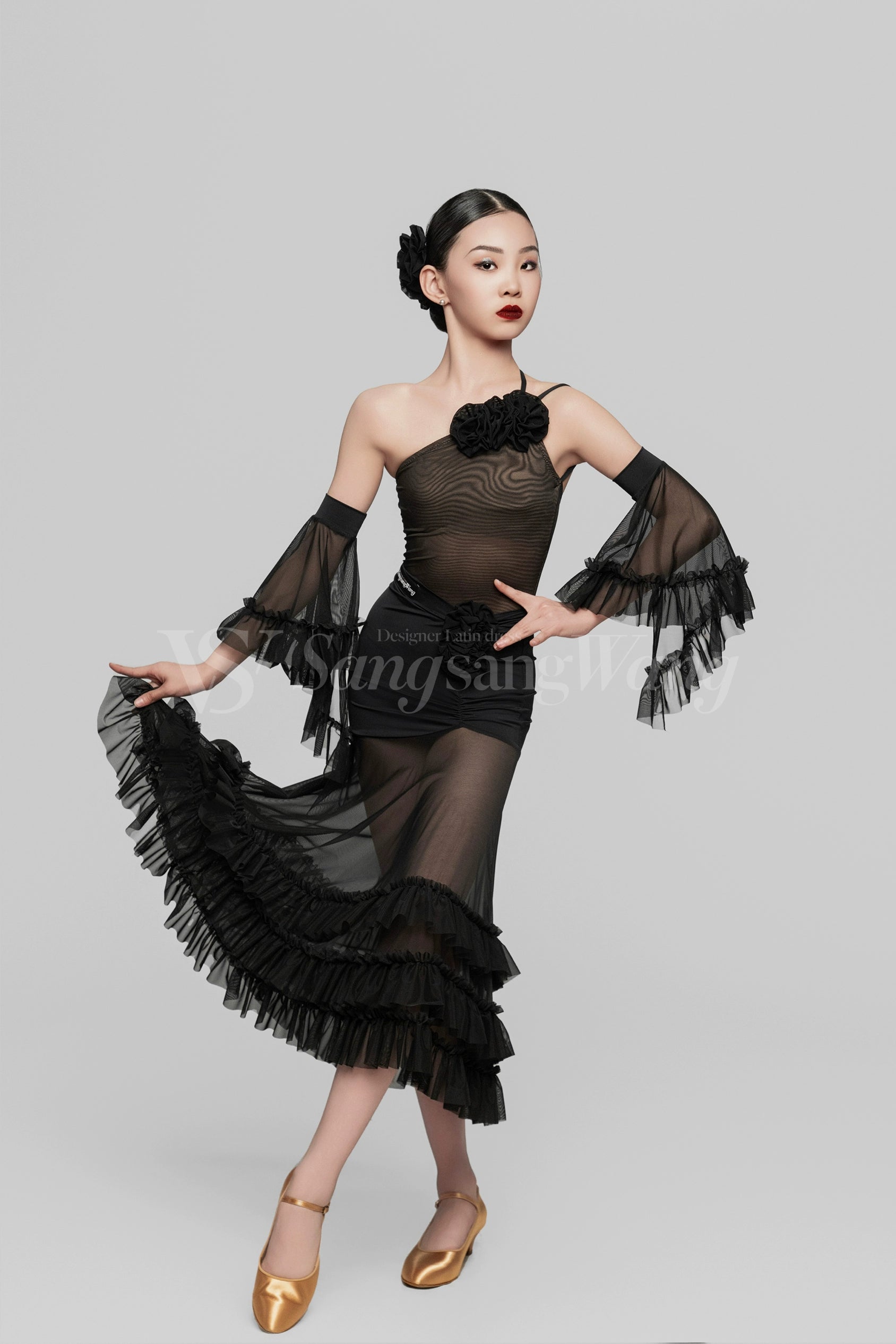 Girls Red black fringe Latin dance costumes slanted shoulders ballroom latin dance skirts  flower practice solo dance suit for kids - Moderndancedress.com