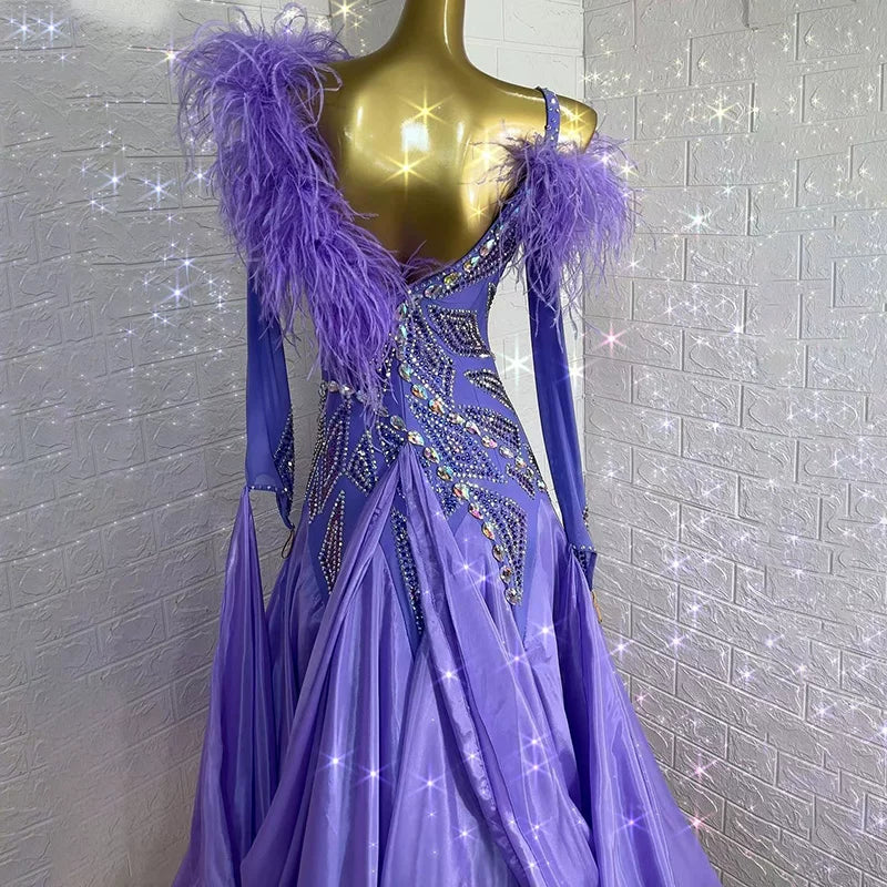 Custom Size Lavender Purple Feather Ballroom Dance Dress  Rhinestone Gown for Waltz Modern Standard Competition