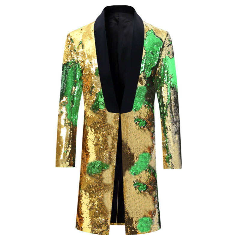 Men's Jazz Dance Costumes Turquoise Green Gold Two-color Sequined Host Singer Emcee Performance Long Coat for Male - Moderndancedress.com