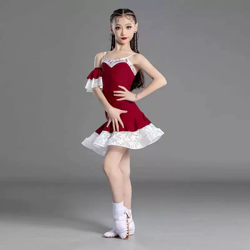 Girl red Latin dance dresses pink salsa ballroom latin competition performance suit - Moderndancedress.com
