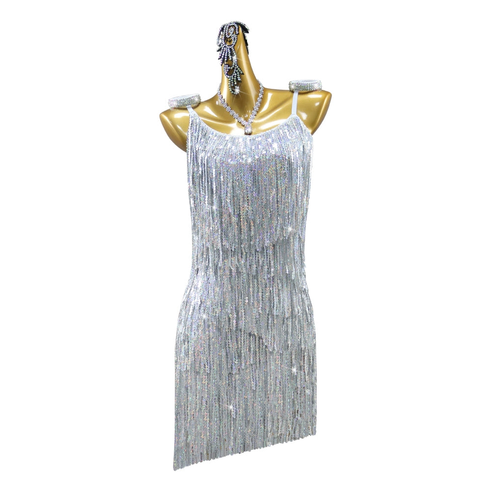 Silver sequined Fringe Latin dance dresses for women girls salsa samba chacha professional glitter dance competition clothes for female - Moderndancedress.com