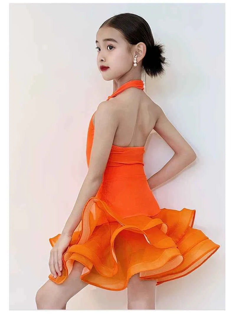 Vibrant Orange Latin Dance Dress for Girls - Stage & Competition
