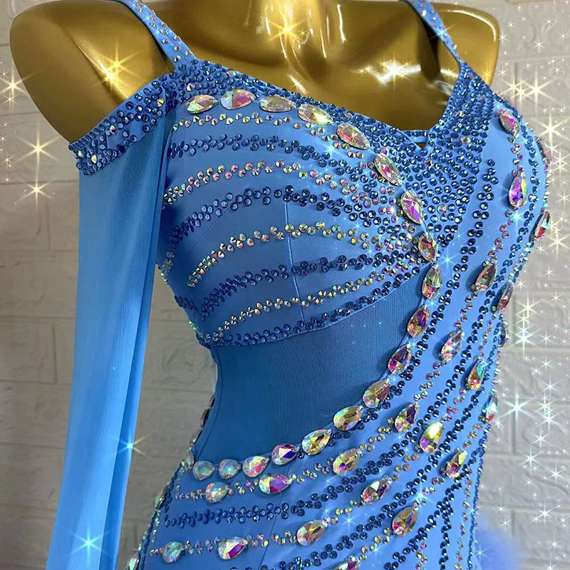 Custom American Smooth Dress Blue Competition Ballroom Dance Gown